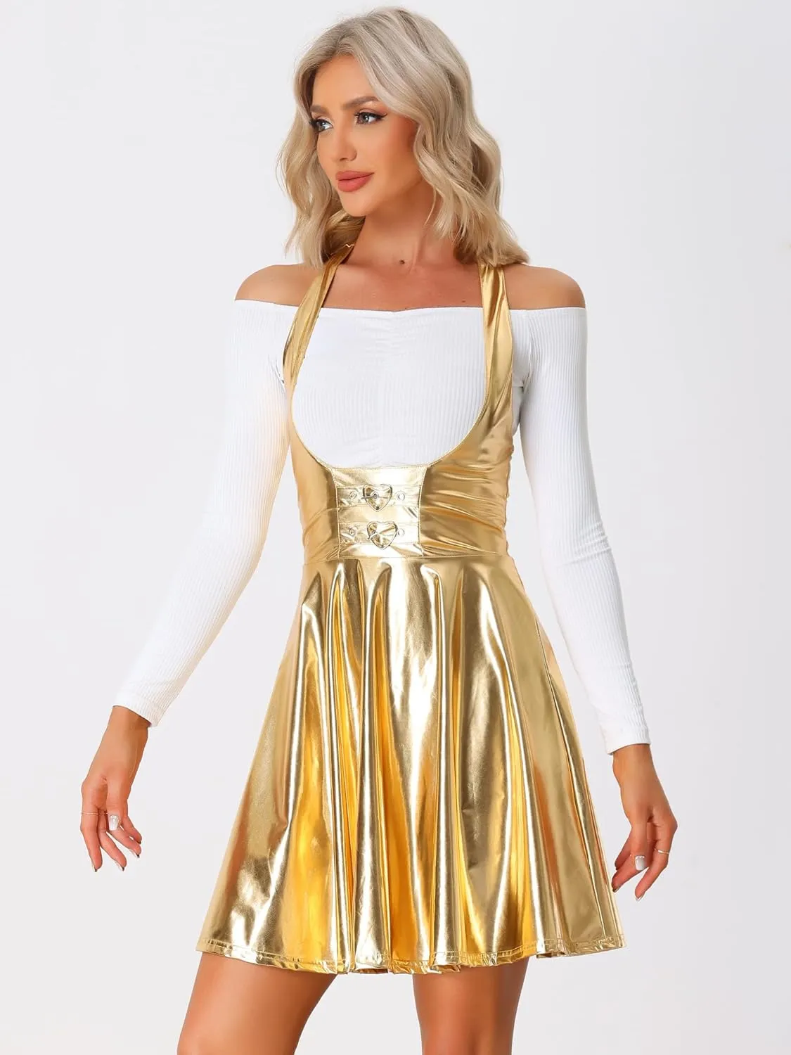Allegra K Metallic Skirts for Women's Holographic Party Shimmering High Waist Gothic Suspender Skirt