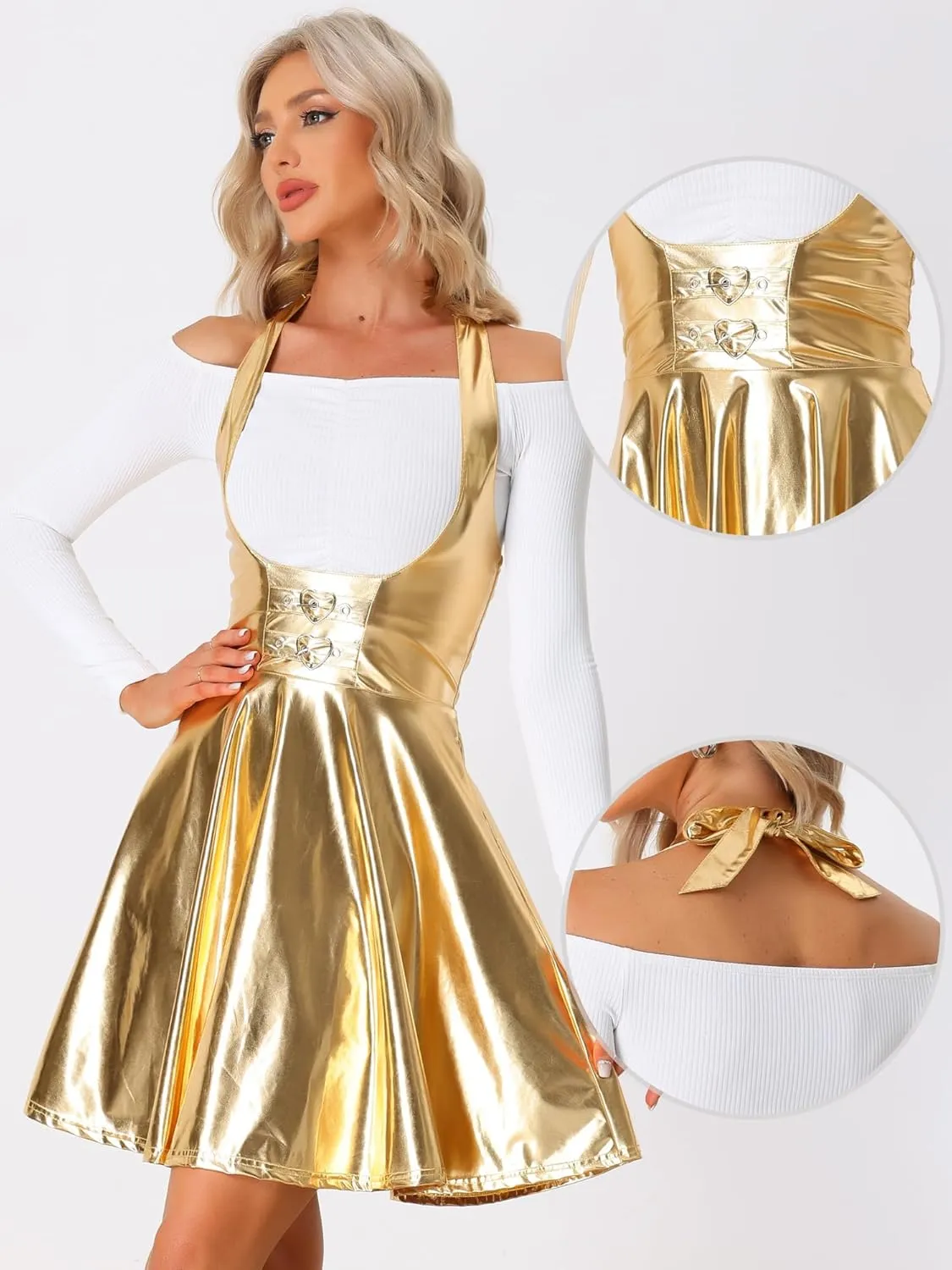 Allegra K Metallic Skirts for Women's Holographic Party Shimmering High Waist Gothic Suspender Skirt
