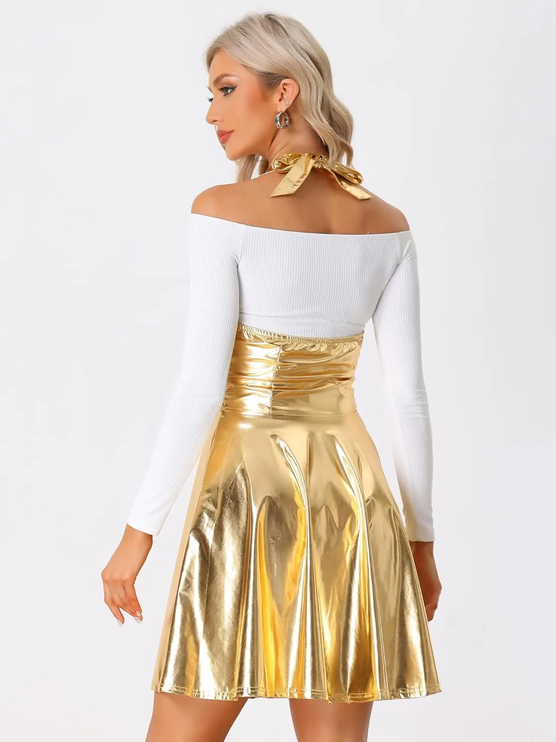Allegra K Metallic Skirts for Women's Holographic Party Shimmering High Waist Gothic Suspender Skirt