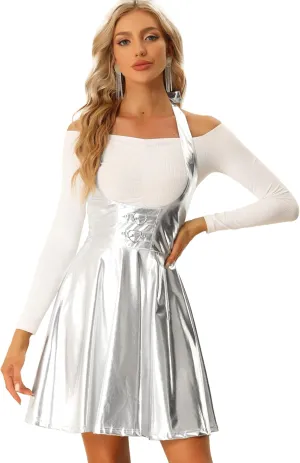 Allegra K Metallic Skirts for Women's Holographic Party Shimmering High Waist Gothic Suspender Skirt