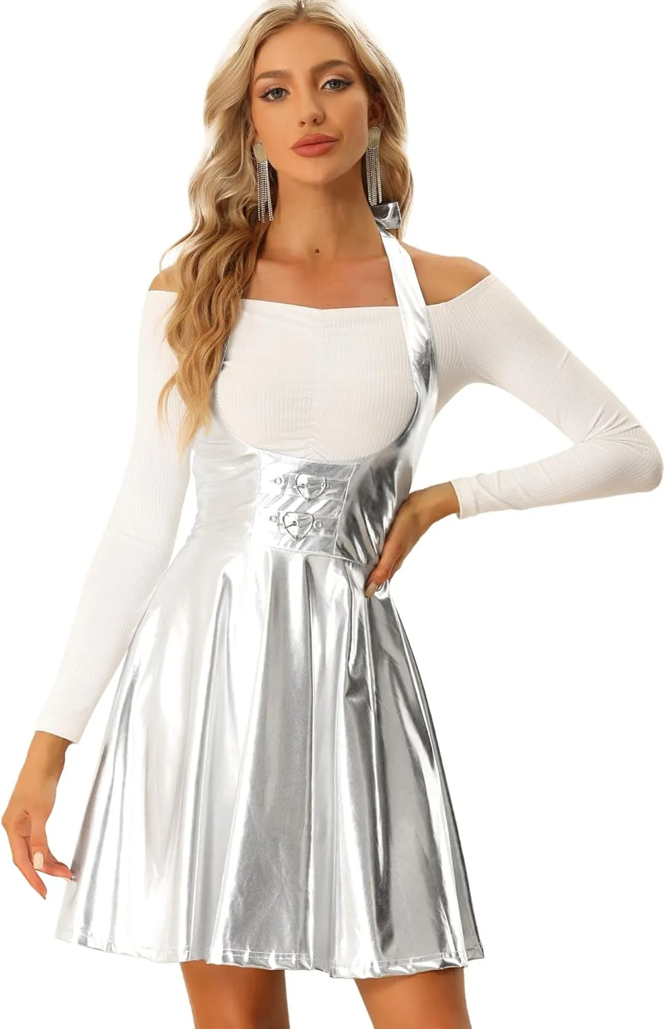 Allegra K Metallic Skirts for Women's Holographic Party Shimmering High Waist Gothic Suspender Skirt