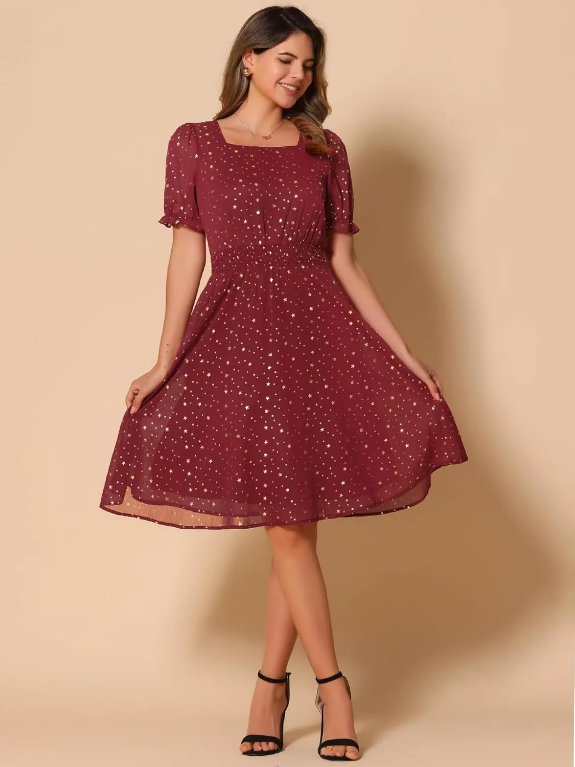 Allegra K Square Neck Dress for Women's Metallic Stars Ruffle Short Sleeve A-Line Stretch Waist Dress