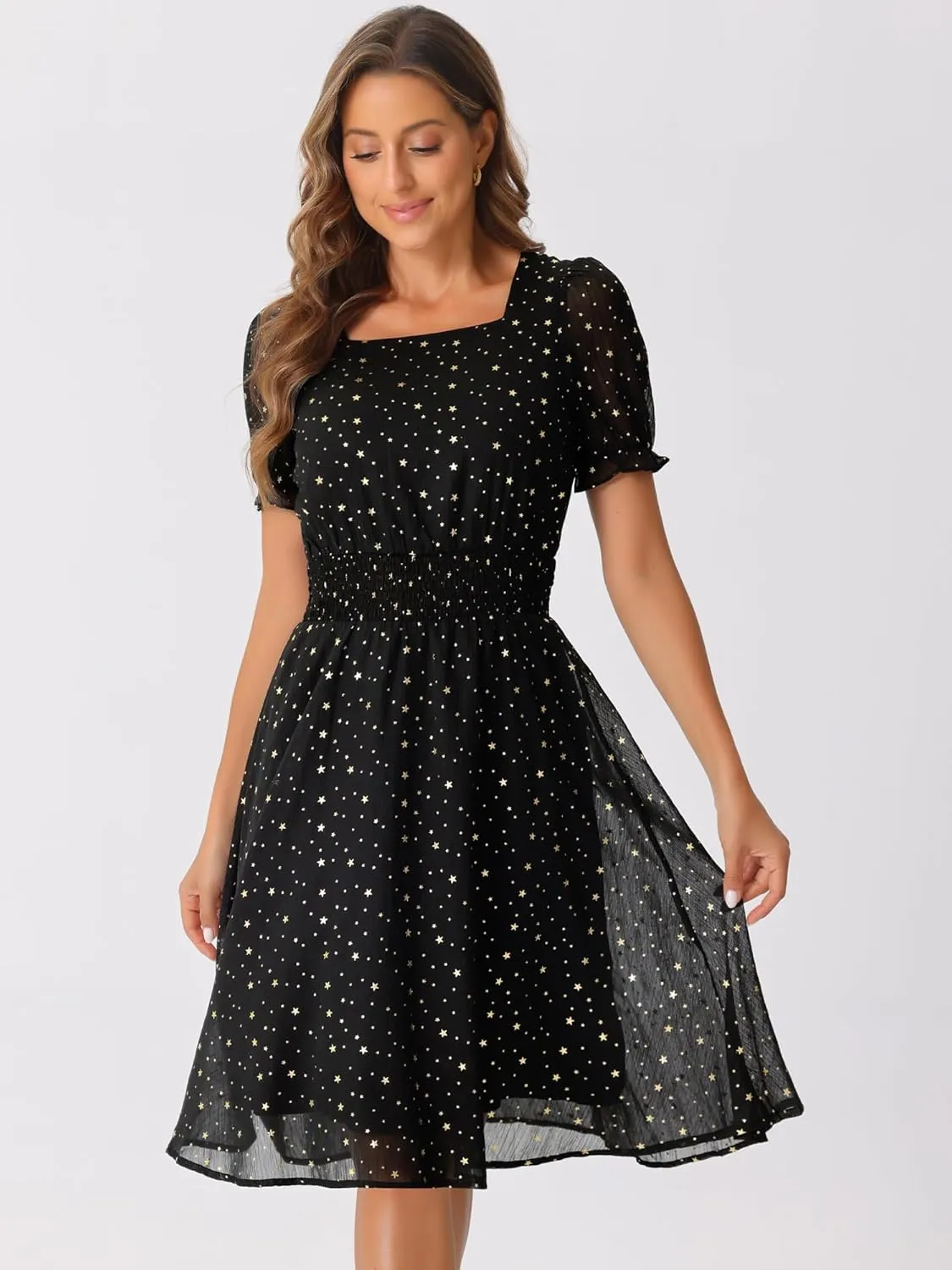 Allegra K Square Neck Dress for Women's Metallic Stars Ruffle Short Sleeve A-Line Stretch Waist Dress