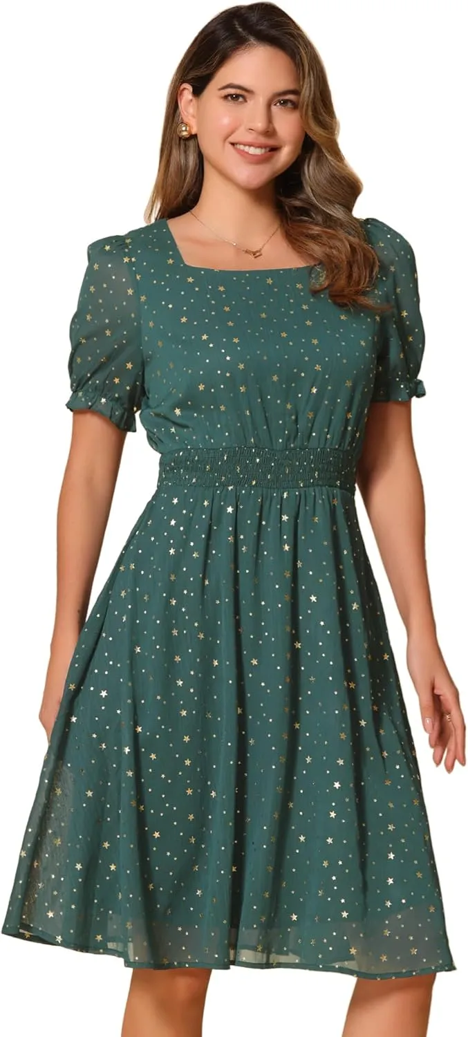 Allegra K Square Neck Dress for Women's Metallic Stars Ruffle Short Sleeve A-Line Stretch Waist Dress