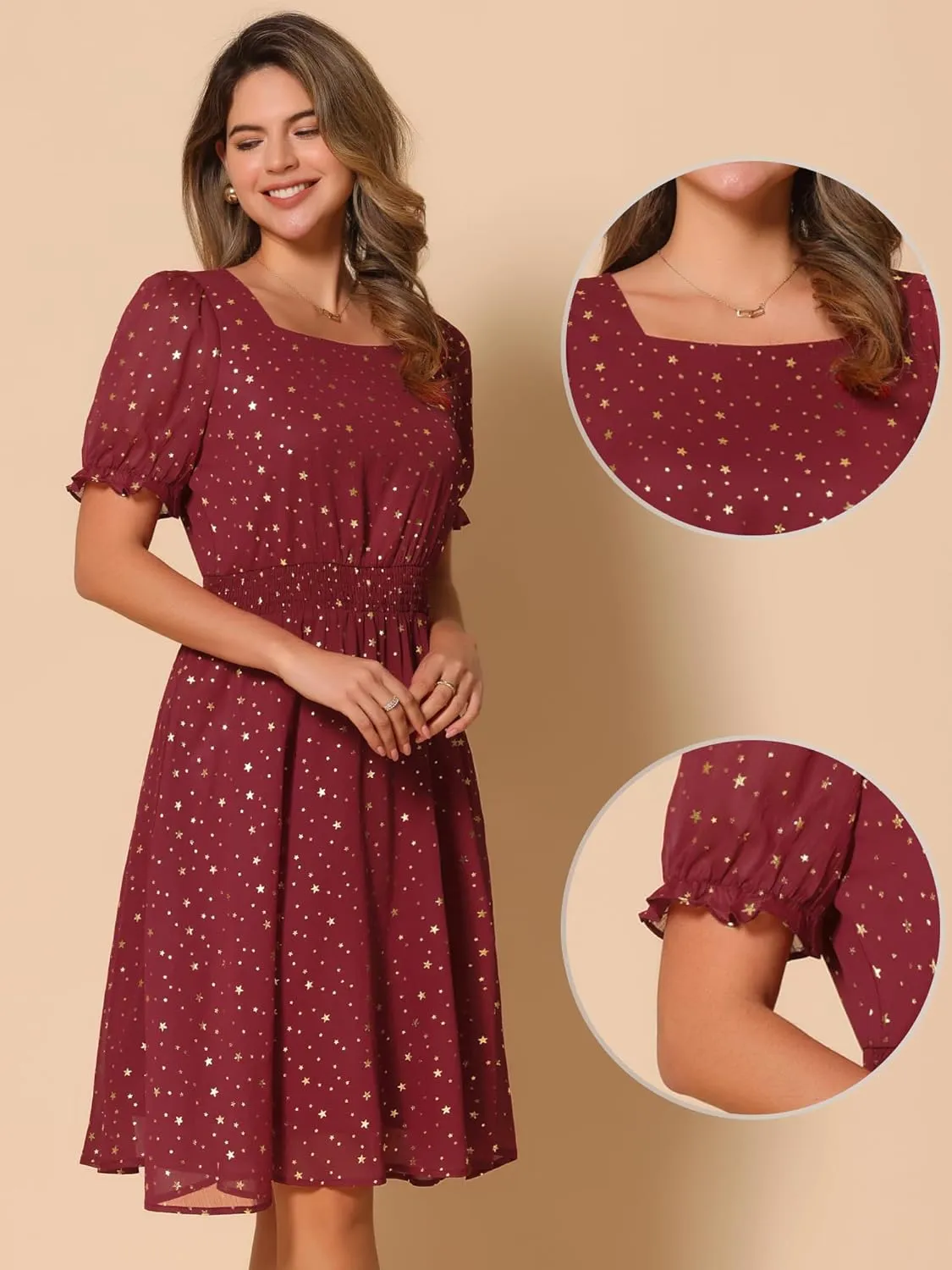 Allegra K Square Neck Dress for Women's Metallic Stars Ruffle Short Sleeve A-Line Stretch Waist Dress