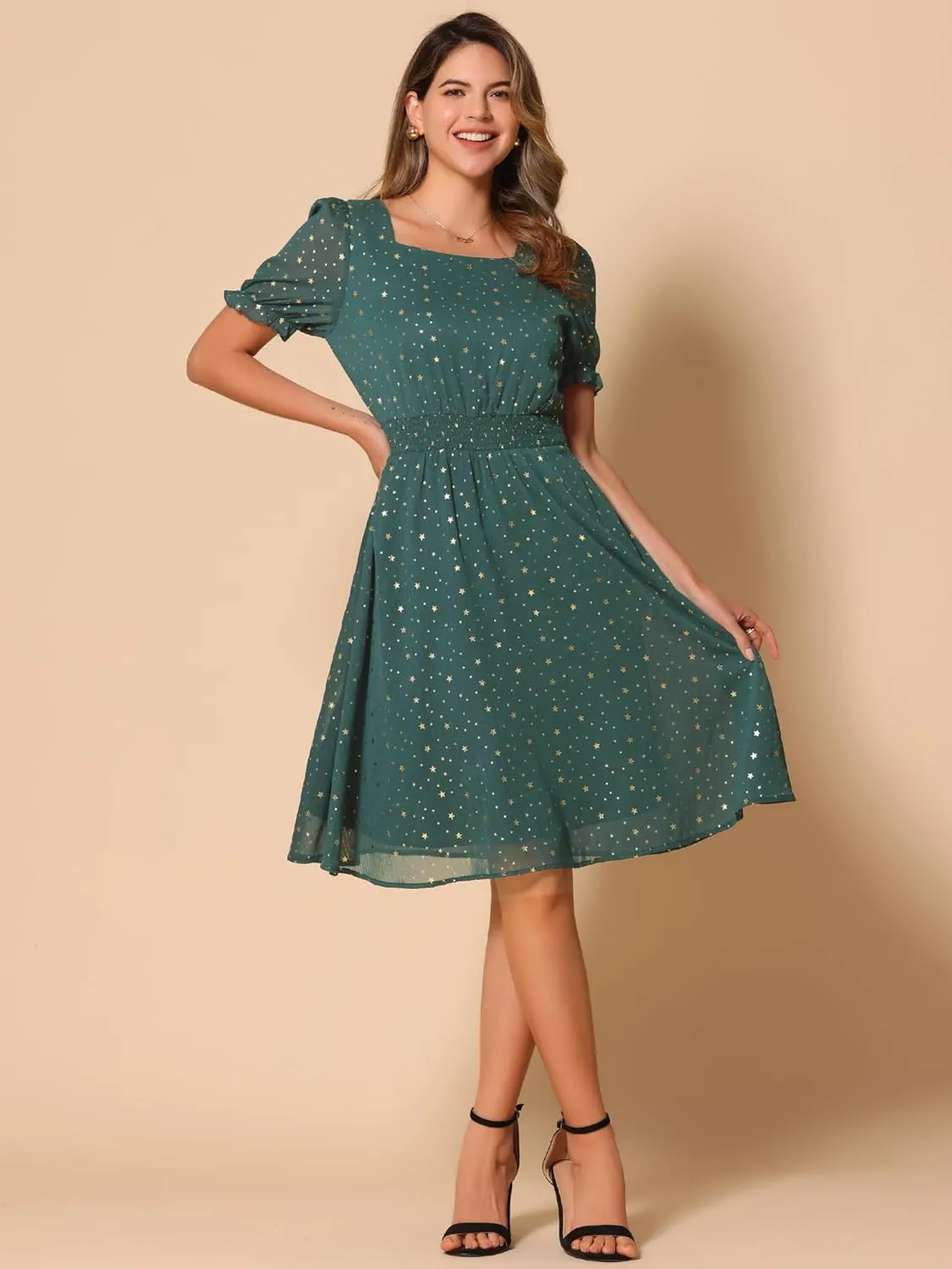 Allegra K Square Neck Dress for Women's Metallic Stars Ruffle Short Sleeve A-Line Stretch Waist Dress