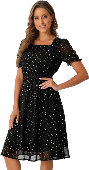 Allegra K Square Neck Dress for Women's Metallic Stars Ruffle Short Sleeve A-Line Stretch Waist Dress