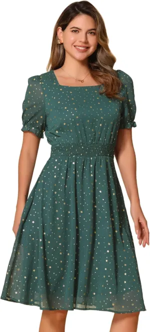 Allegra K Square Neck Dress for Women's Metallic Stars Ruffle Short Sleeve A-Line Stretch Waist Dress