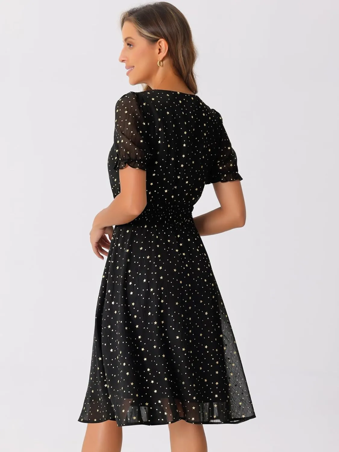 Allegra K Square Neck Dress for Women's Metallic Stars Ruffle Short Sleeve A-Line Stretch Waist Dress