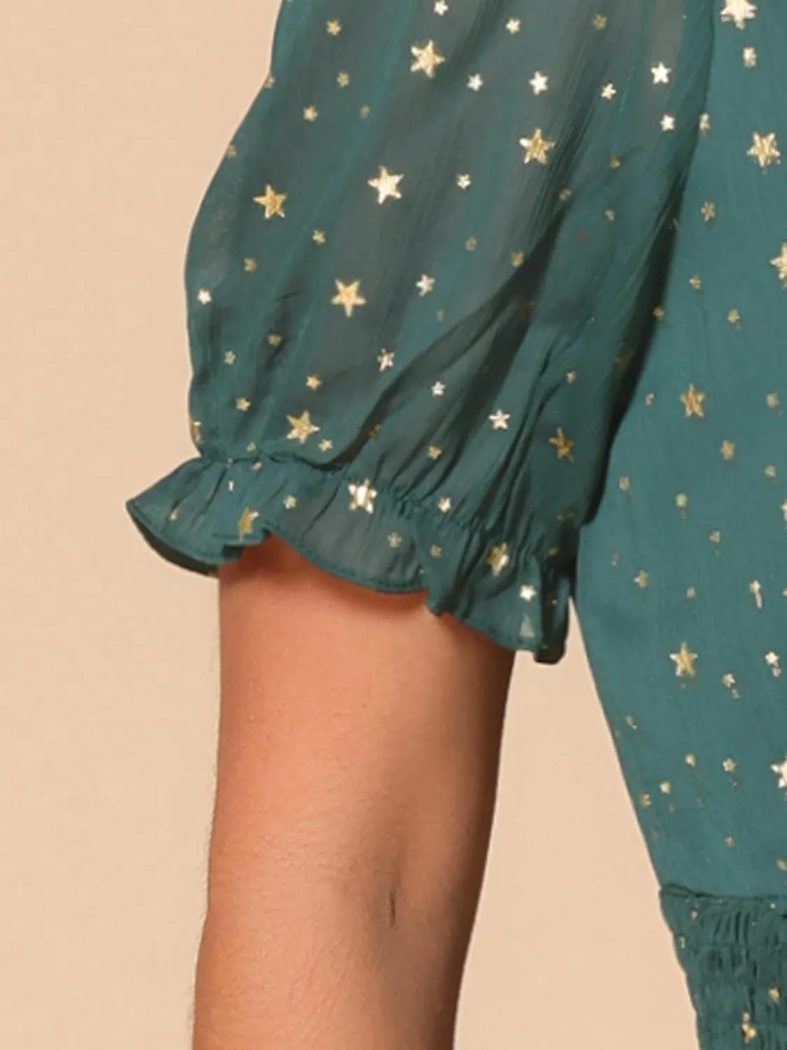 Allegra K Square Neck Dress for Women's Metallic Stars Ruffle Short Sleeve A-Line Stretch Waist Dress