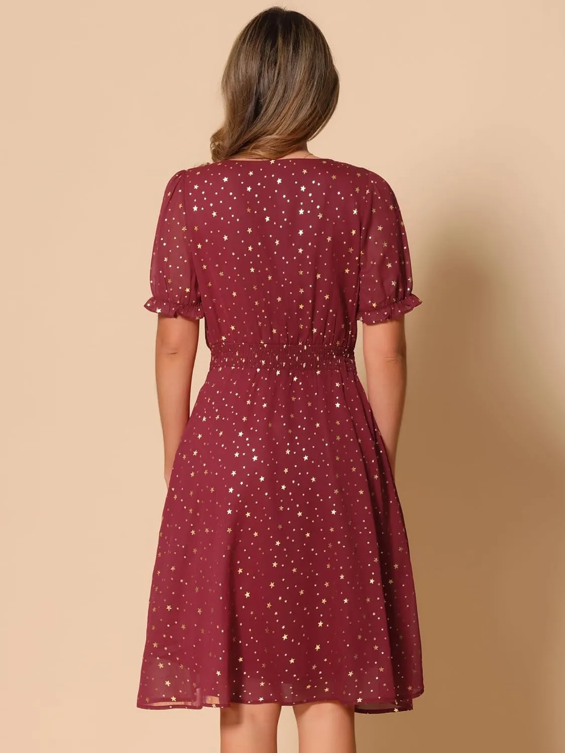 Allegra K Square Neck Dress for Women's Metallic Stars Ruffle Short Sleeve A-Line Stretch Waist Dress