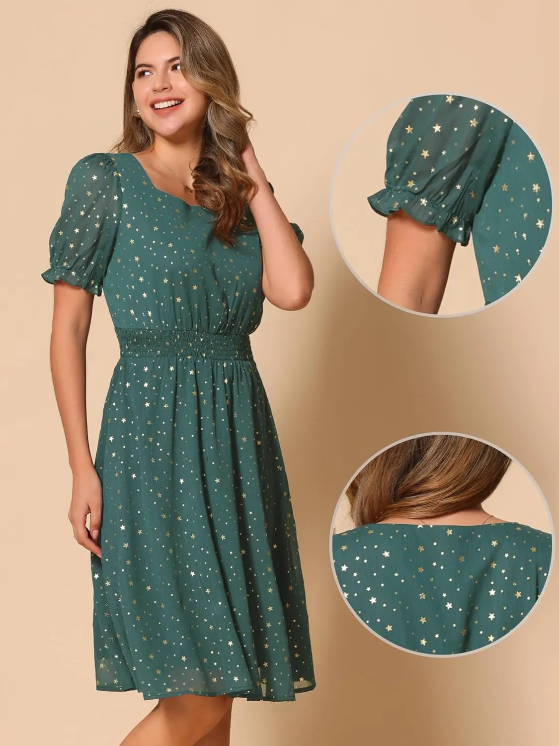 Allegra K Square Neck Dress for Women's Metallic Stars Ruffle Short Sleeve A-Line Stretch Waist Dress
