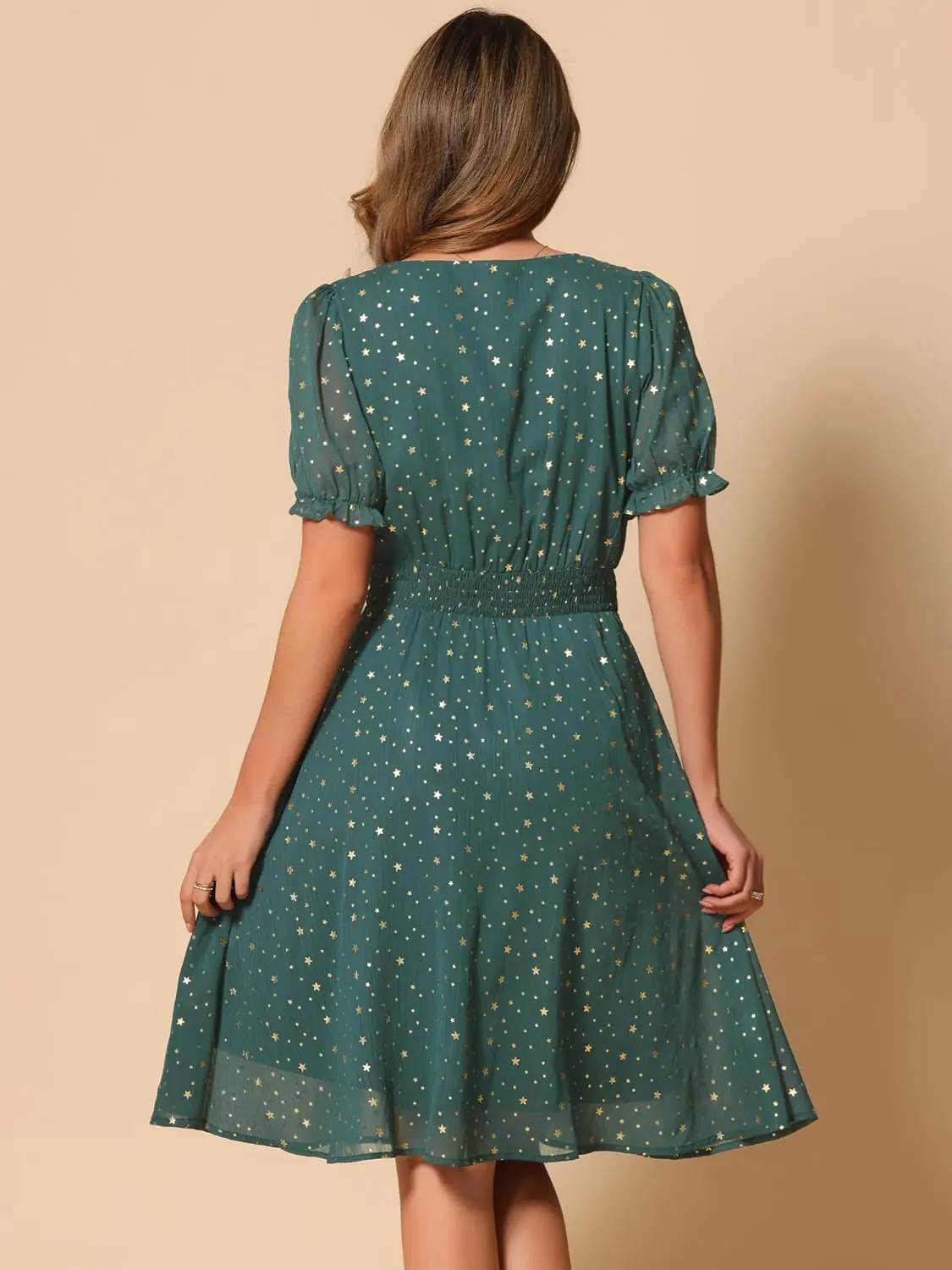 Allegra K Square Neck Dress for Women's Metallic Stars Ruffle Short Sleeve A-Line Stretch Waist Dress