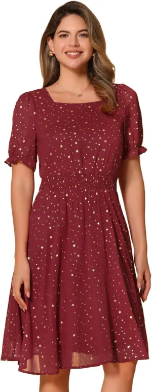Allegra K Square Neck Dress for Women's Metallic Stars Ruffle Short Sleeve A-Line Stretch Waist Dress