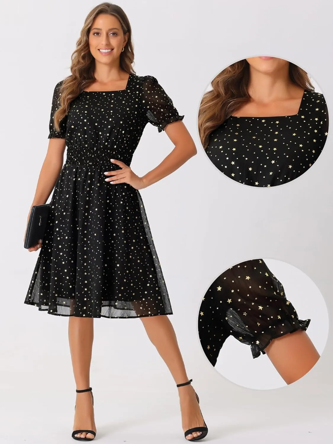 Allegra K Square Neck Dress for Women's Metallic Stars Ruffle Short Sleeve A-Line Stretch Waist Dress
