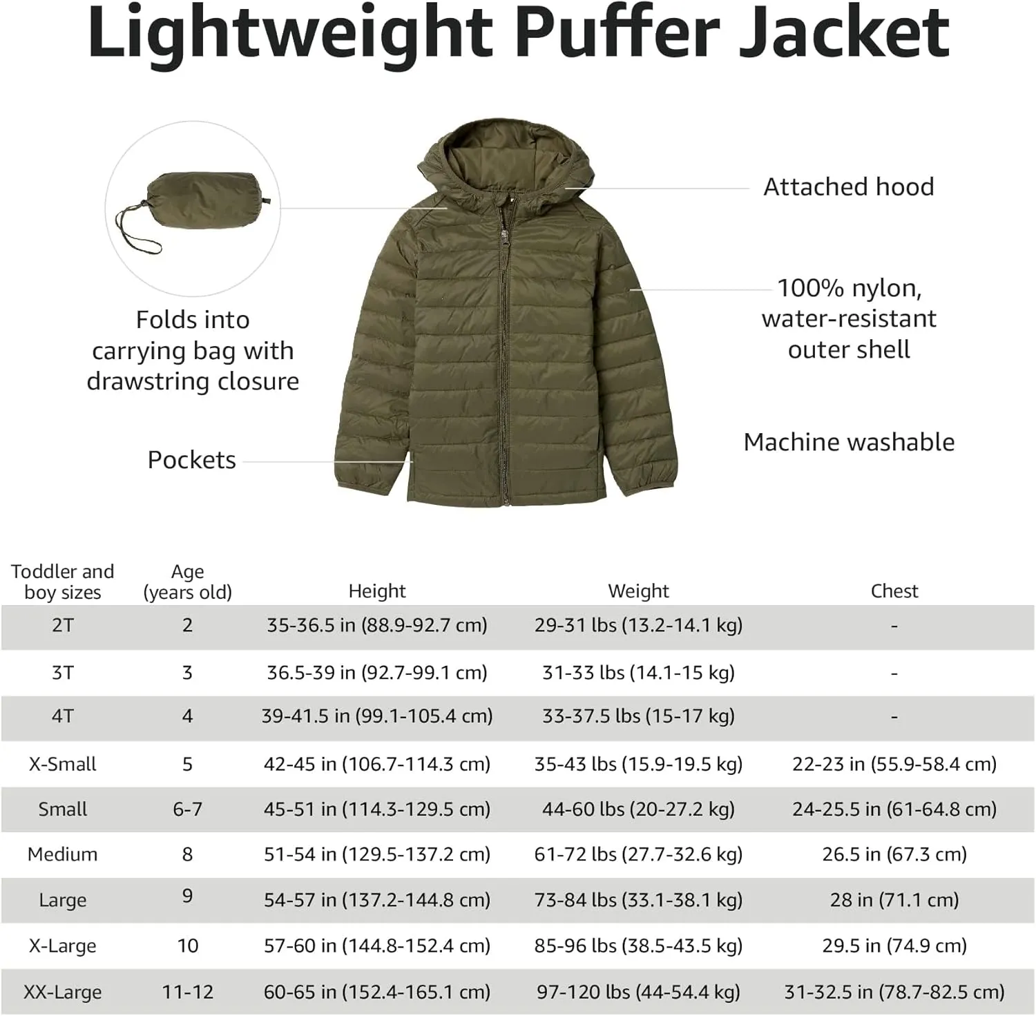 Amazon Essentials Boys and Toddlers' Lightweight Water-Resistant Packable Puffer Jacket
