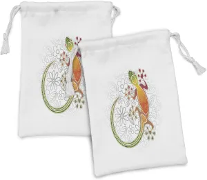 Ambesonne Batik Fabric Pouch Set of 2, Native Southeast Common House Gecko Moon Lizard Tropical Monster Graphic Design, Small Drawstring Bag for Toiletries Masks and Favors, 9" x 6", Multicolor