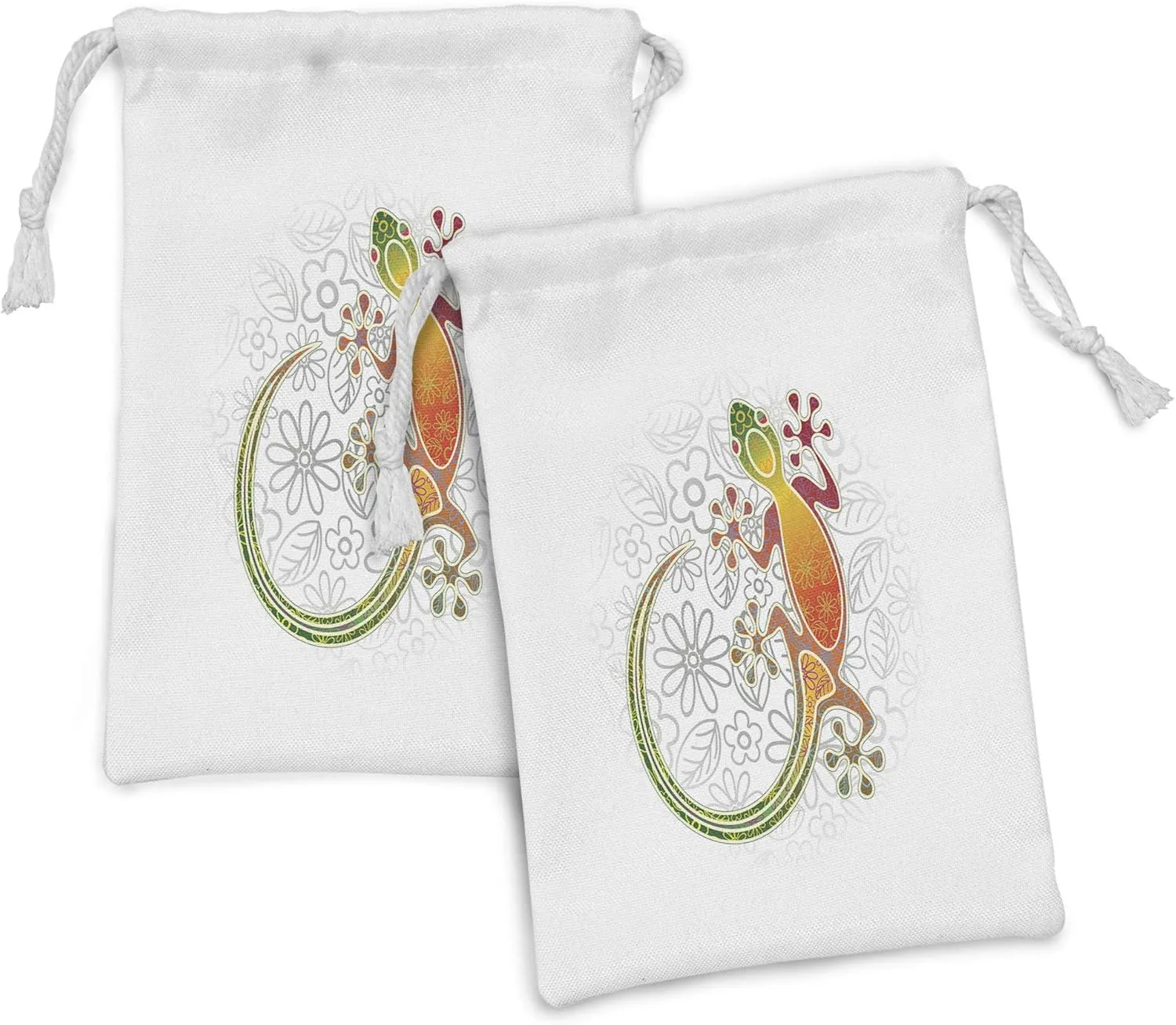 Ambesonne Batik Fabric Pouch Set of 2, Native Southeast Common House Gecko Moon Lizard Tropical Monster Graphic Design, Small Drawstring Bag for Toiletries Masks and Favors, 9" x 6", Multicolor