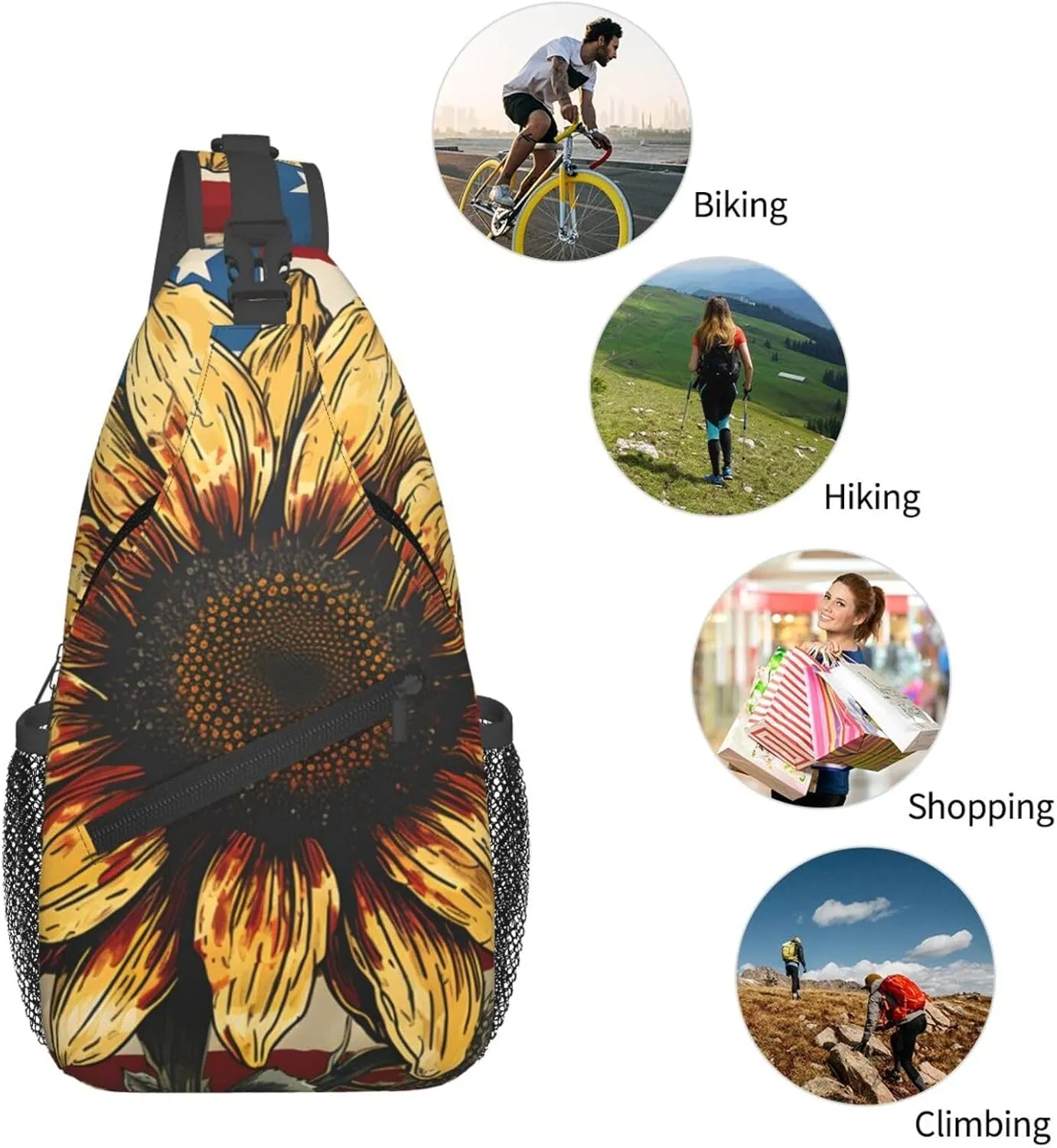 American Flag Sunflower Cross Chest Bag For Men Shoulder Bag Travel Hiking Daypack For Women Sling Bag Unisex Crossbody Backpack Casual Bags