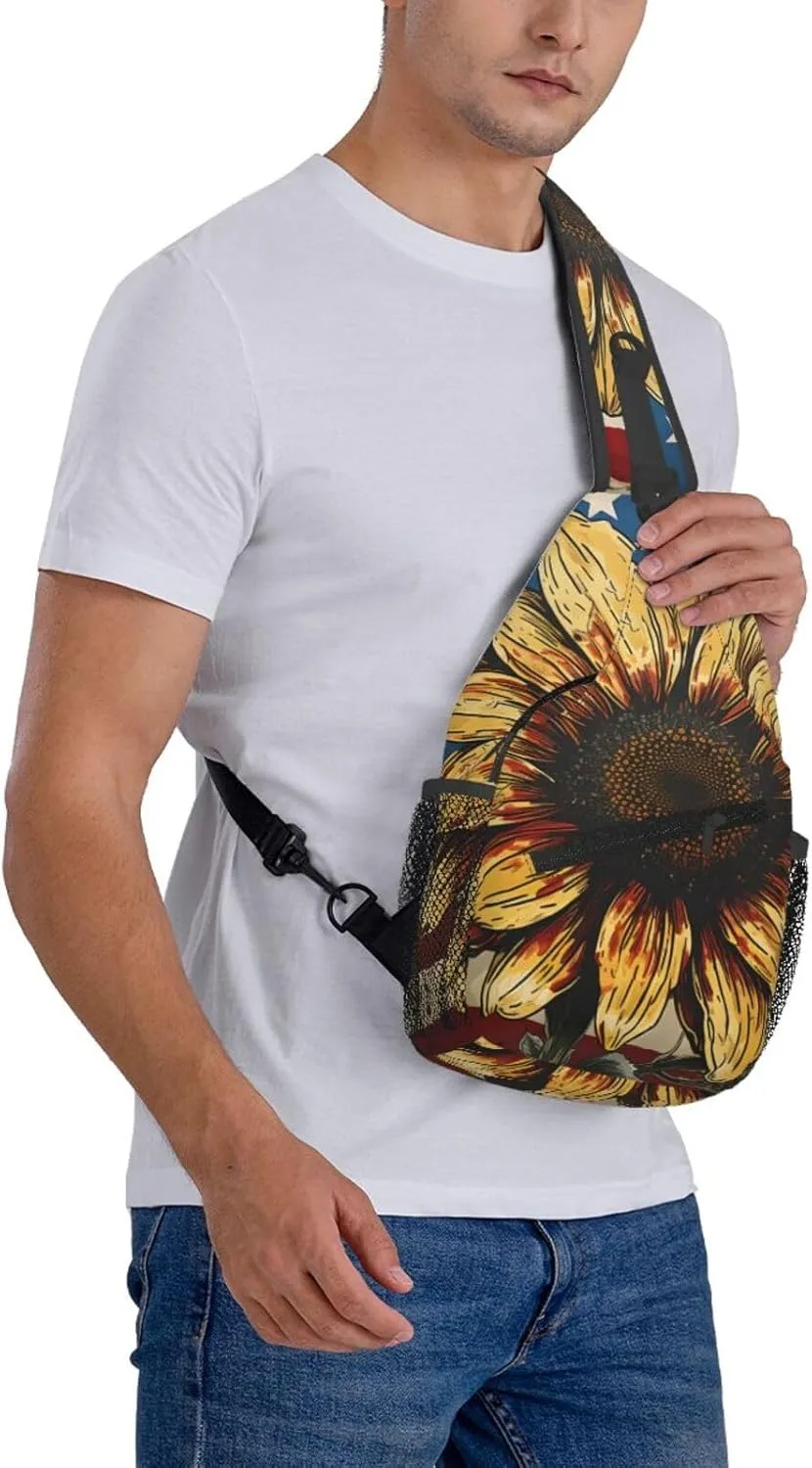 American Flag Sunflower Cross Chest Bag For Men Shoulder Bag Travel Hiking Daypack For Women Sling Bag Unisex Crossbody Backpack Casual Bags