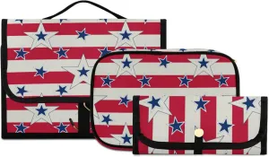 American Patriotic Blue Stars Red Stripes Independence Memorial 3 PCs Set Toiletry bags, 1 Women's Travel Cosmetic Bag, 1 Hanging Toiletry Wash Bag, 1 Brush Case, Portable Makeup Storage Case