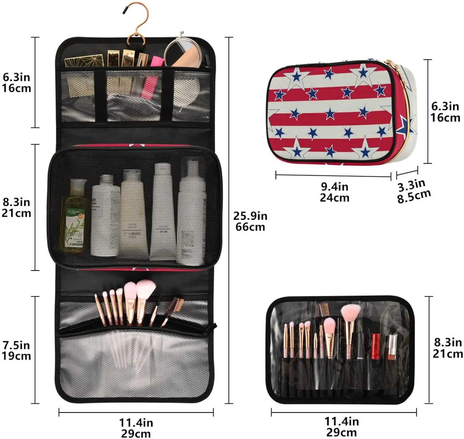 American Patriotic Blue Stars Red Stripes Independence Memorial 3 PCs Set Toiletry bags, 1 Women's Travel Cosmetic Bag, 1 Hanging Toiletry Wash Bag, 1 Brush Case, Portable Makeup Storage Case