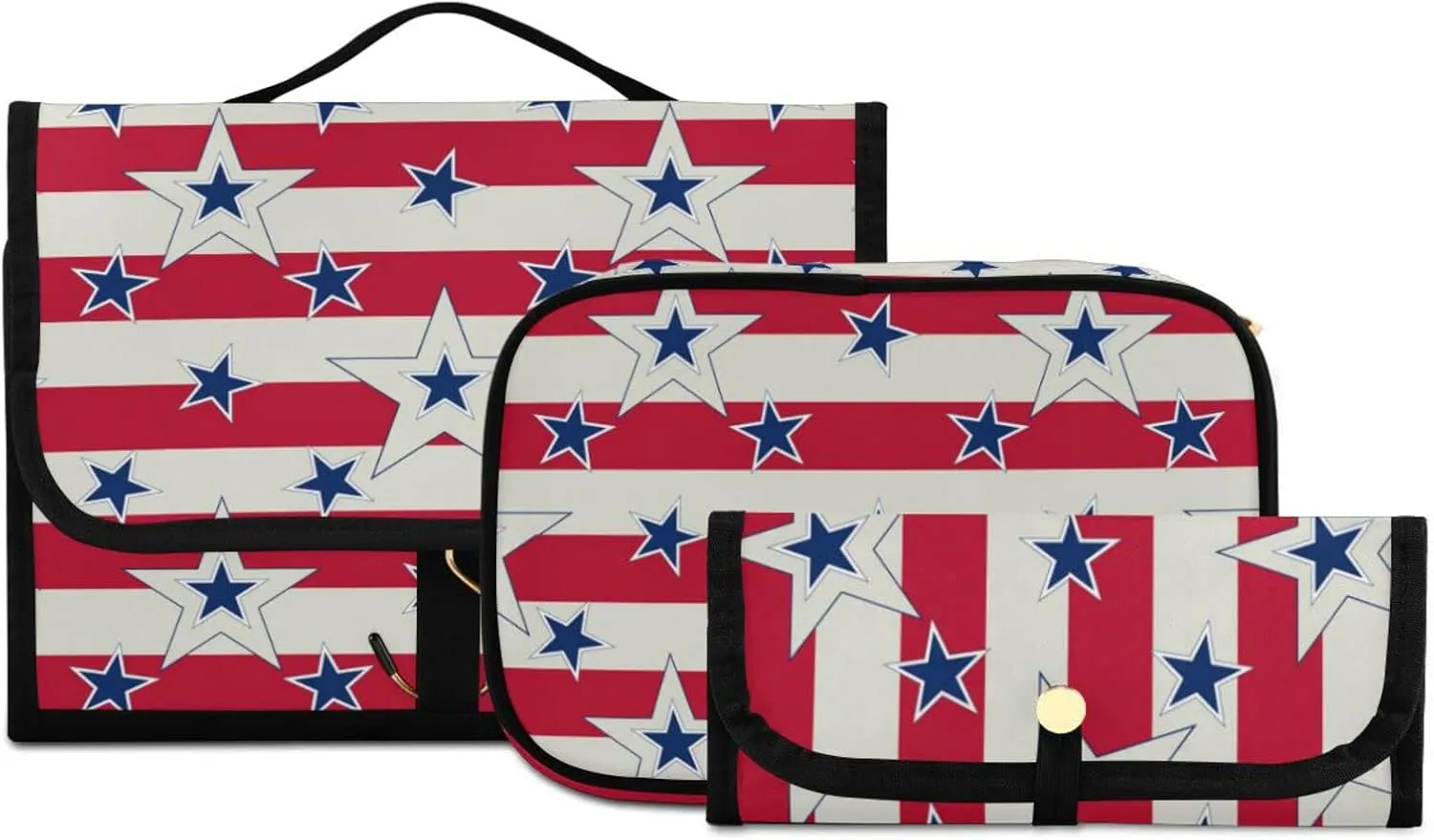 American Patriotic Blue Stars Red Stripes Independence Memorial 3 PCs Set Toiletry bags, 1 Women's Travel Cosmetic Bag, 1 Hanging Toiletry Wash Bag, 1 Brush Case, Portable Makeup Storage Case