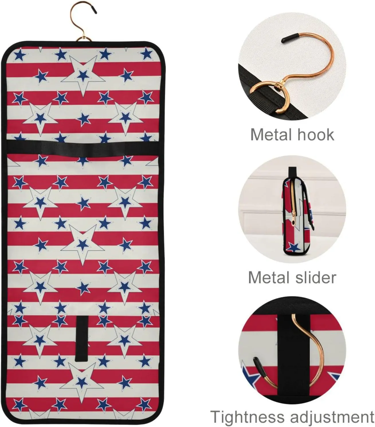 American Patriotic Blue Stars Red Stripes Independence Memorial 3 PCs Set Toiletry bags, 1 Women's Travel Cosmetic Bag, 1 Hanging Toiletry Wash Bag, 1 Brush Case, Portable Makeup Storage Case