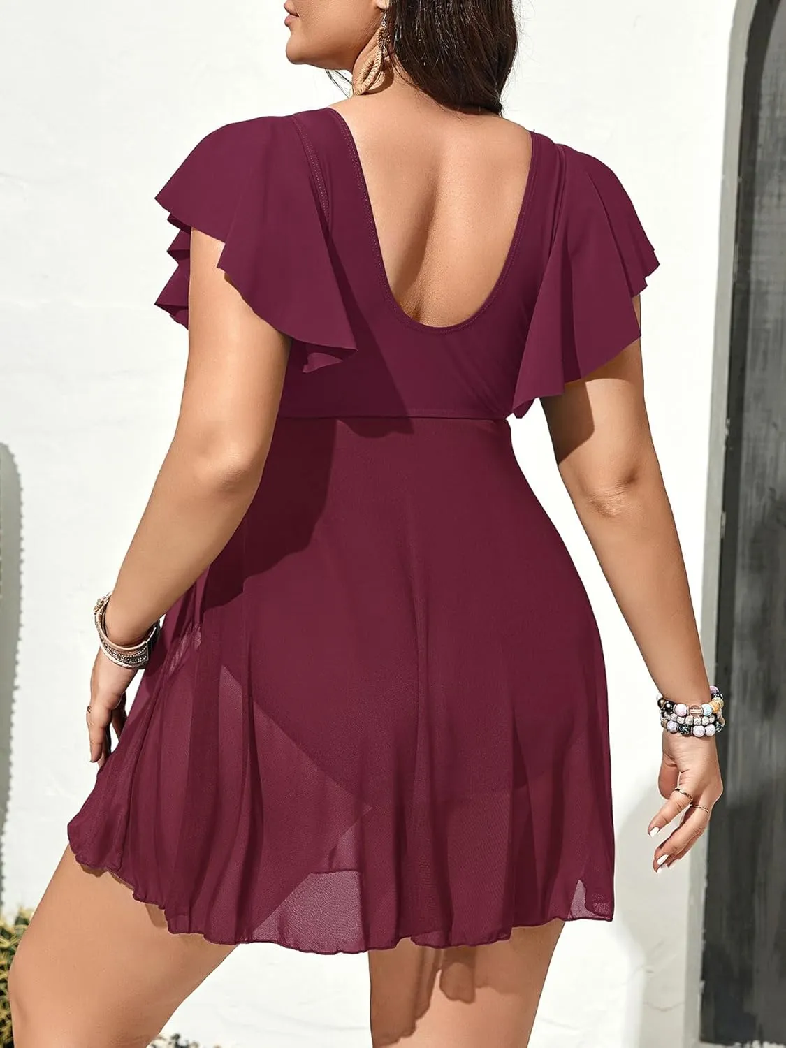 American Trends Plus Size Swimsuit for Women Swim Dress Tummy Control One Piece Bathing Suit V Neck Swimdress Ruffle Swimwear