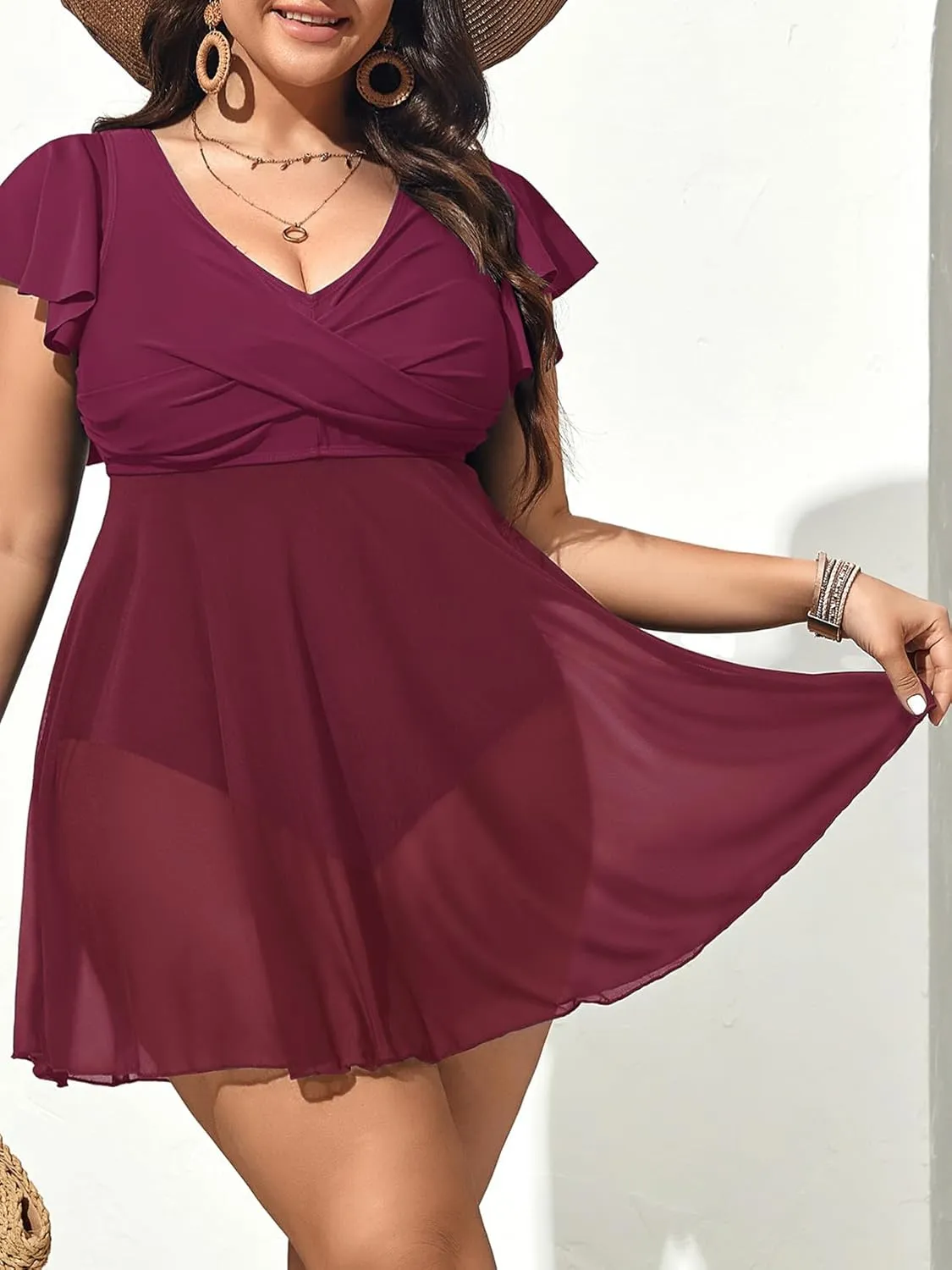American Trends Plus Size Swimsuit for Women Swim Dress Tummy Control One Piece Bathing Suit V Neck Swimdress Ruffle Swimwear