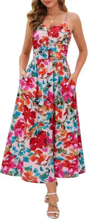 Annebouti Women 2025 Summer Spring Ruched Maxi Dress Adjustable Spaghetti Strap Floral Beach Long Sundress with Pockets