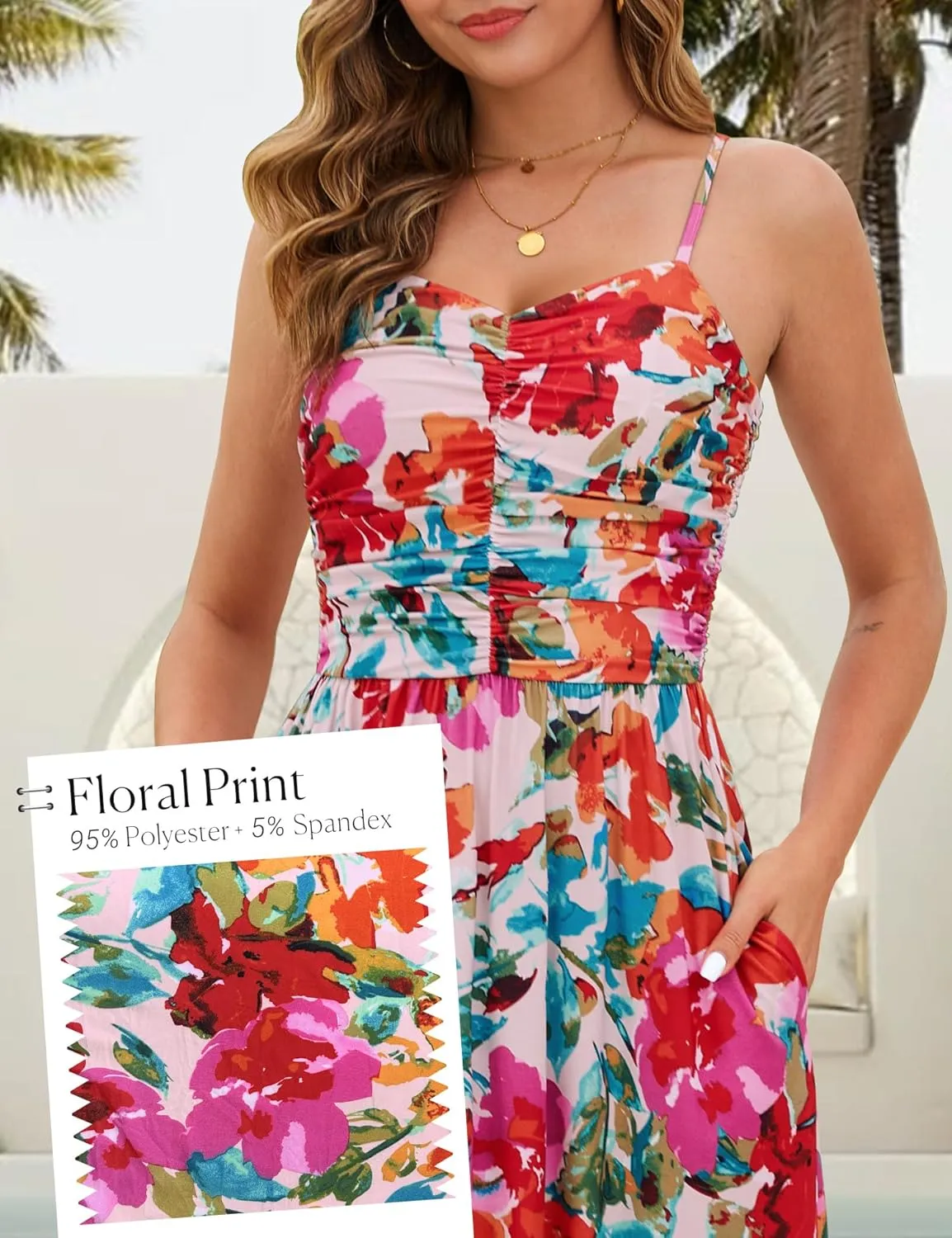 Annebouti Women 2025 Summer Spring Ruched Maxi Dress Adjustable Spaghetti Strap Floral Beach Long Sundress with Pockets