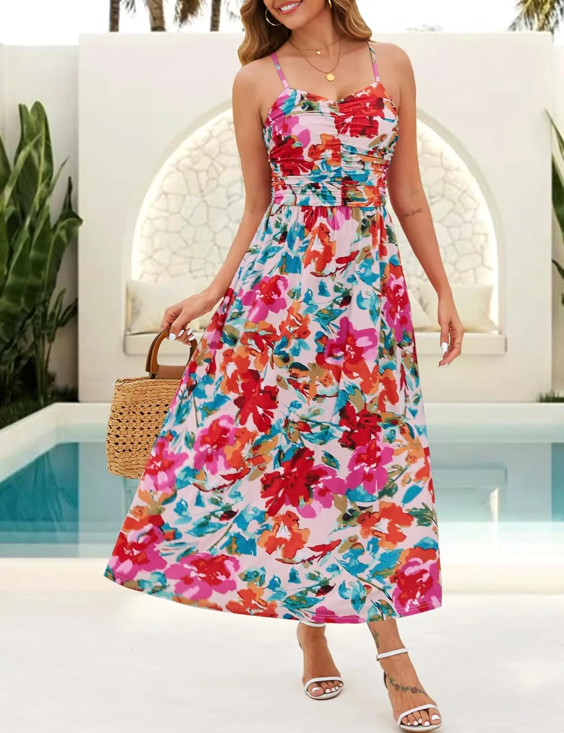 Annebouti Women 2025 Summer Spring Ruched Maxi Dress Adjustable Spaghetti Strap Floral Beach Long Sundress with Pockets