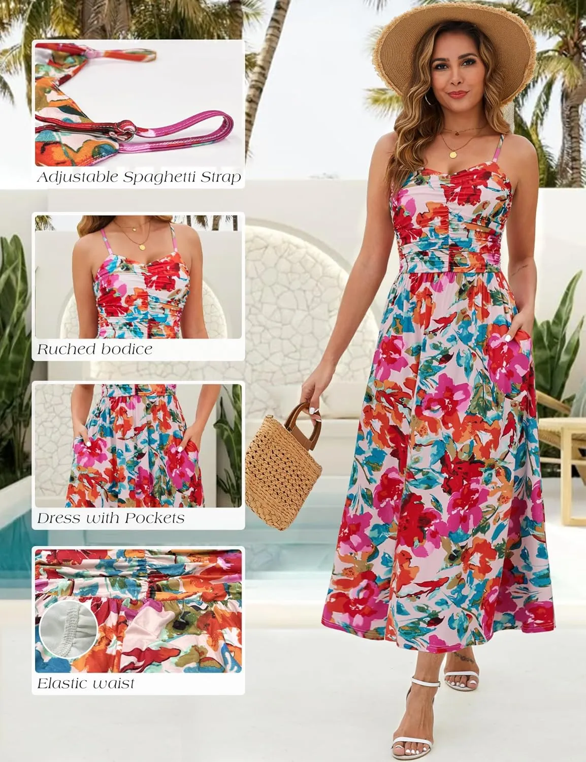 Annebouti Women 2025 Summer Spring Ruched Maxi Dress Adjustable Spaghetti Strap Floral Beach Long Sundress with Pockets