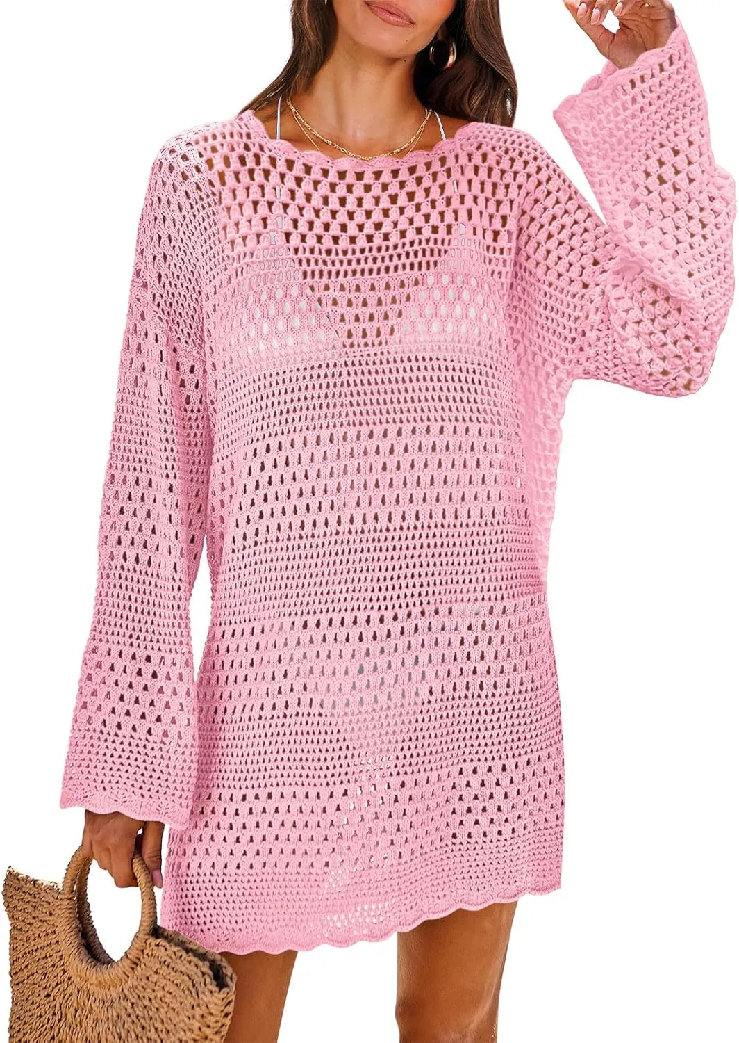 ANRABESS Women Swimsuit Crochet Swim Cover Up 2025 Summer Bathing Suit Swimwear Mesh Knit Beach Dress Vacation Outfits