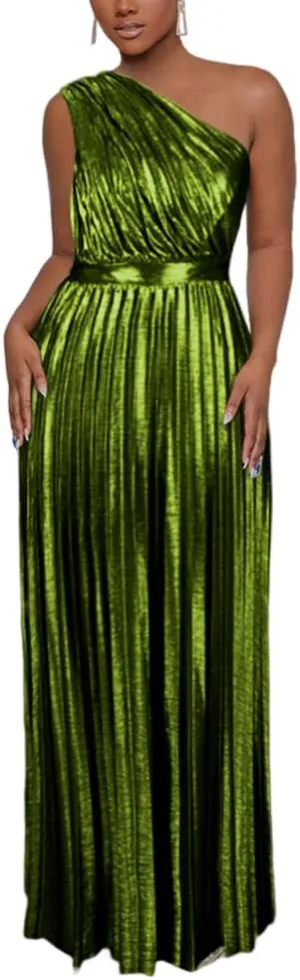 AOMEI Women's Luxury Metallic One Shoulder Sleeveless Elegant Pleated Long Dress