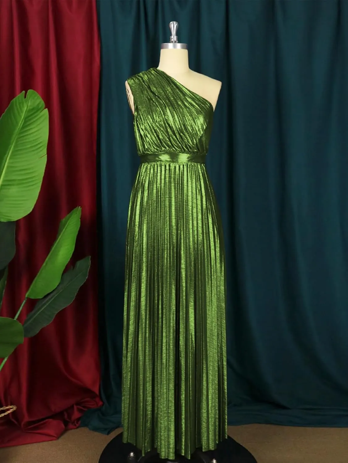 AOMEI Women's Luxury Metallic One Shoulder Sleeveless Elegant Pleated Long Dress