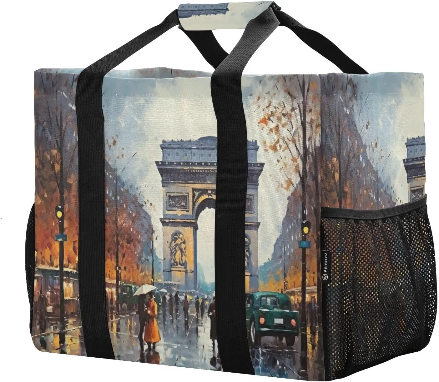 Arc De Triomphe Large Foldable Travel Tote Bag, Lightweight Waterproof Swim Pool Bag with Handles & Pocket for Beach Outdoor, Reusable Grocery Bag for Kitchen, Shopping