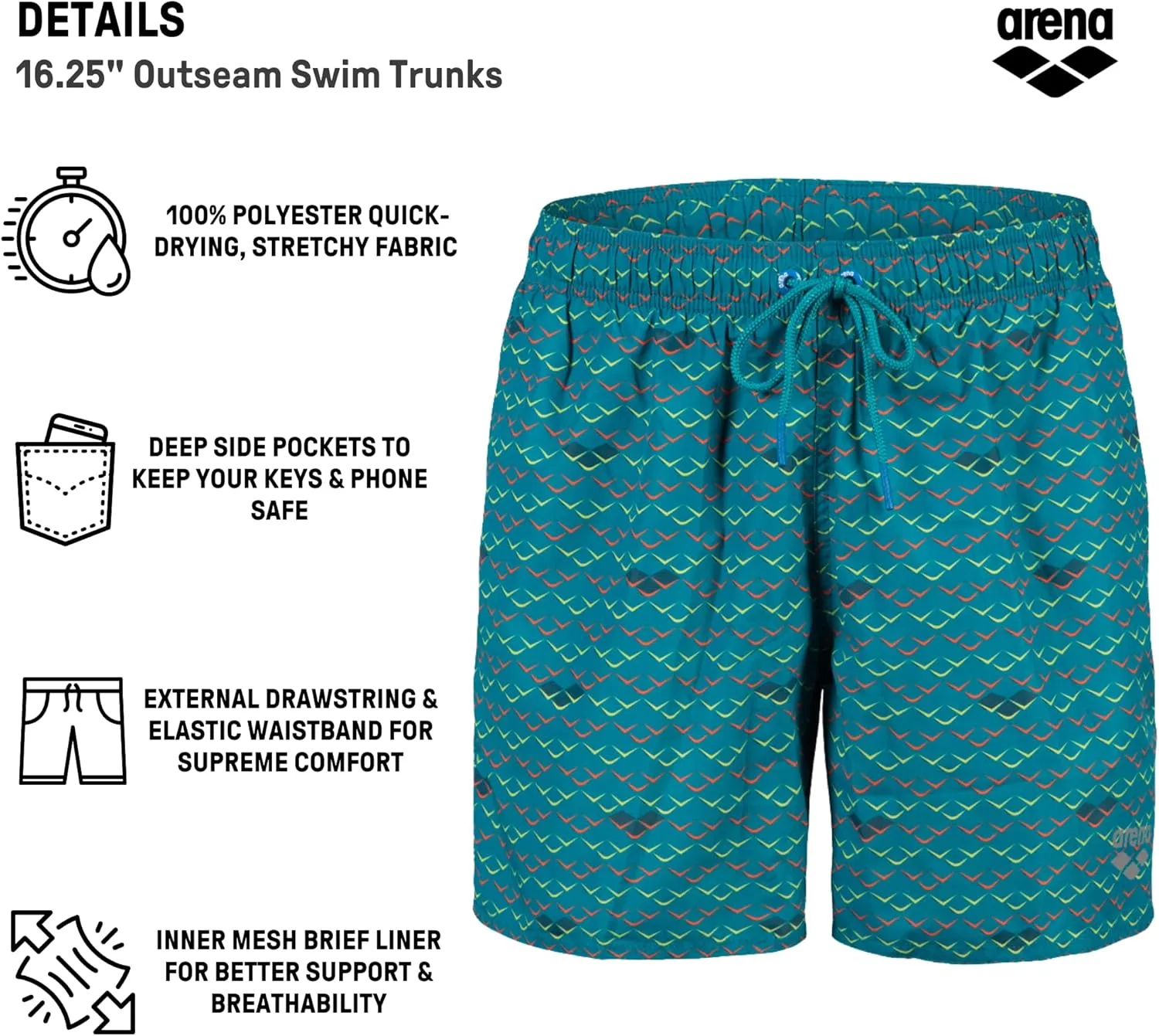 ARENA Men's Icons Solid Beach Short Boxers Swimming Bermuda with Mesh Inner Brief, Side Pockets, Pool Beach Vacation Swimsuit