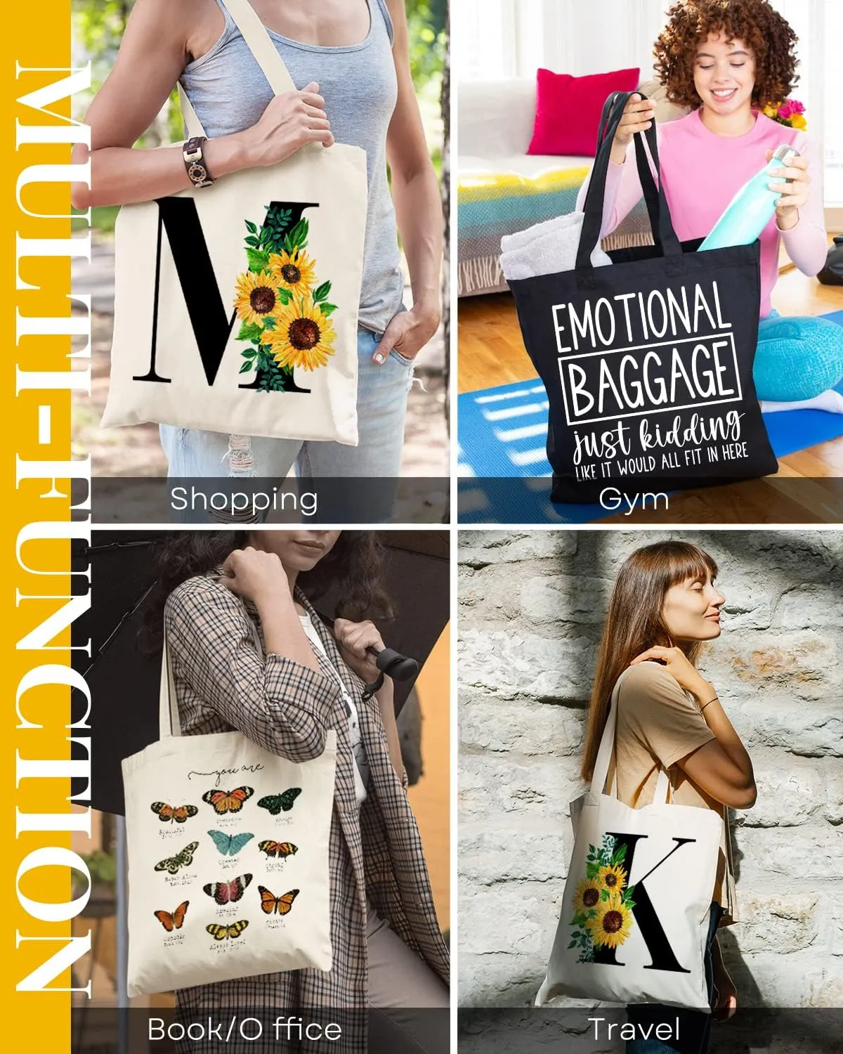 AUSVKAI Cute Sunflower Initial Canvas Tote Bag Aesthetic for Women