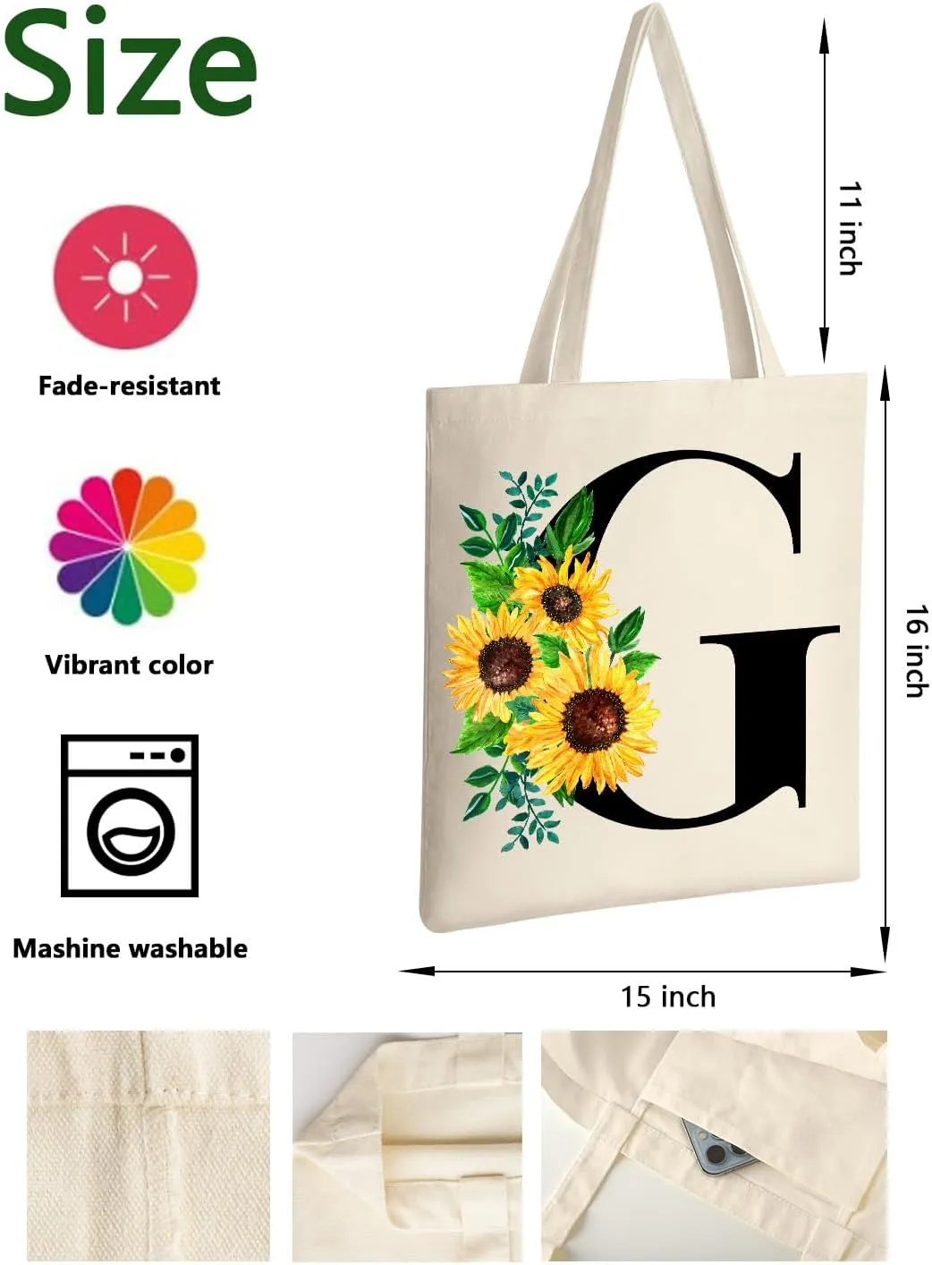 AUSVKAI Cute Sunflower Initial Canvas Tote Bag Aesthetic for Women