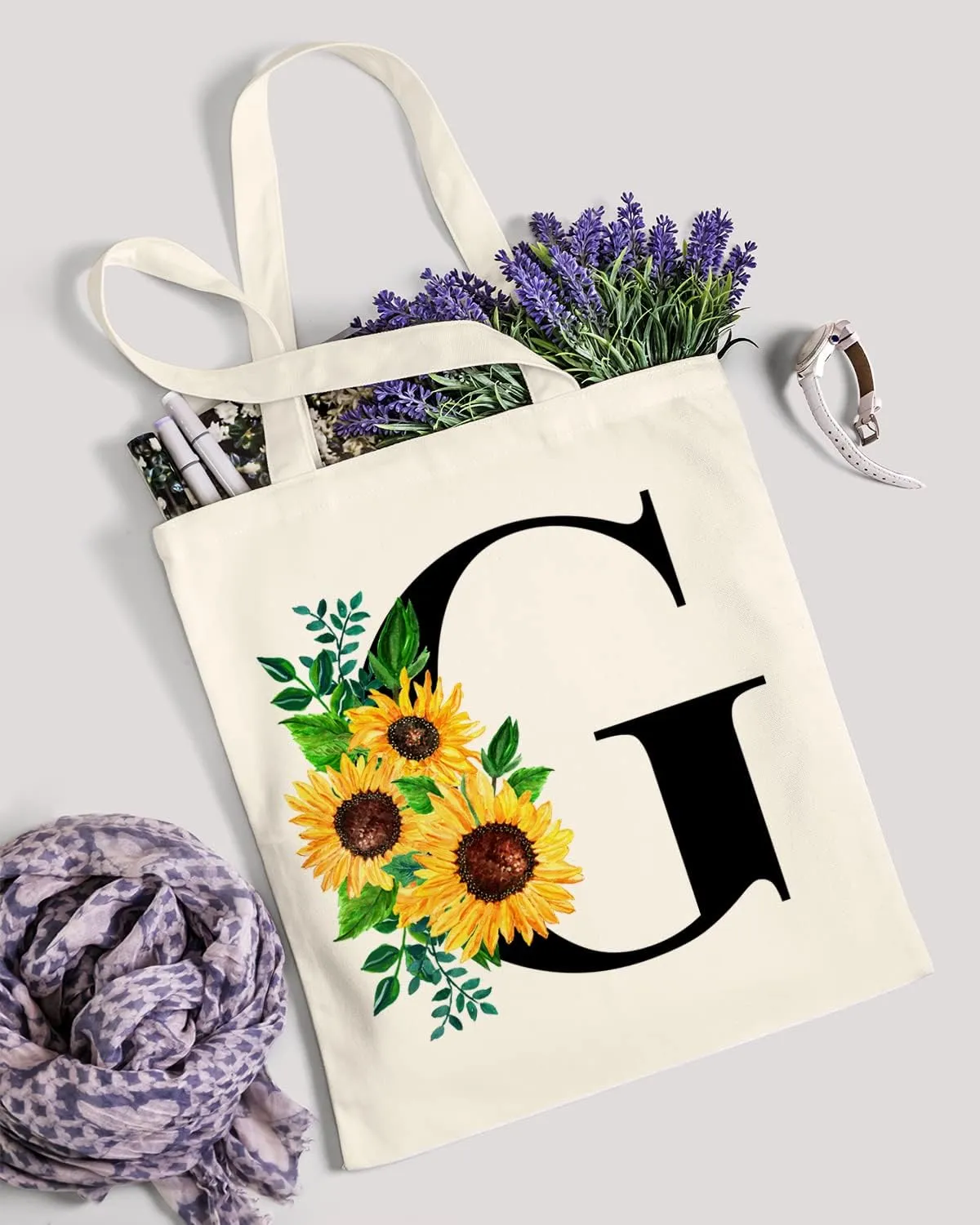 AUSVKAI Cute Sunflower Initial Canvas Tote Bag Aesthetic for Women