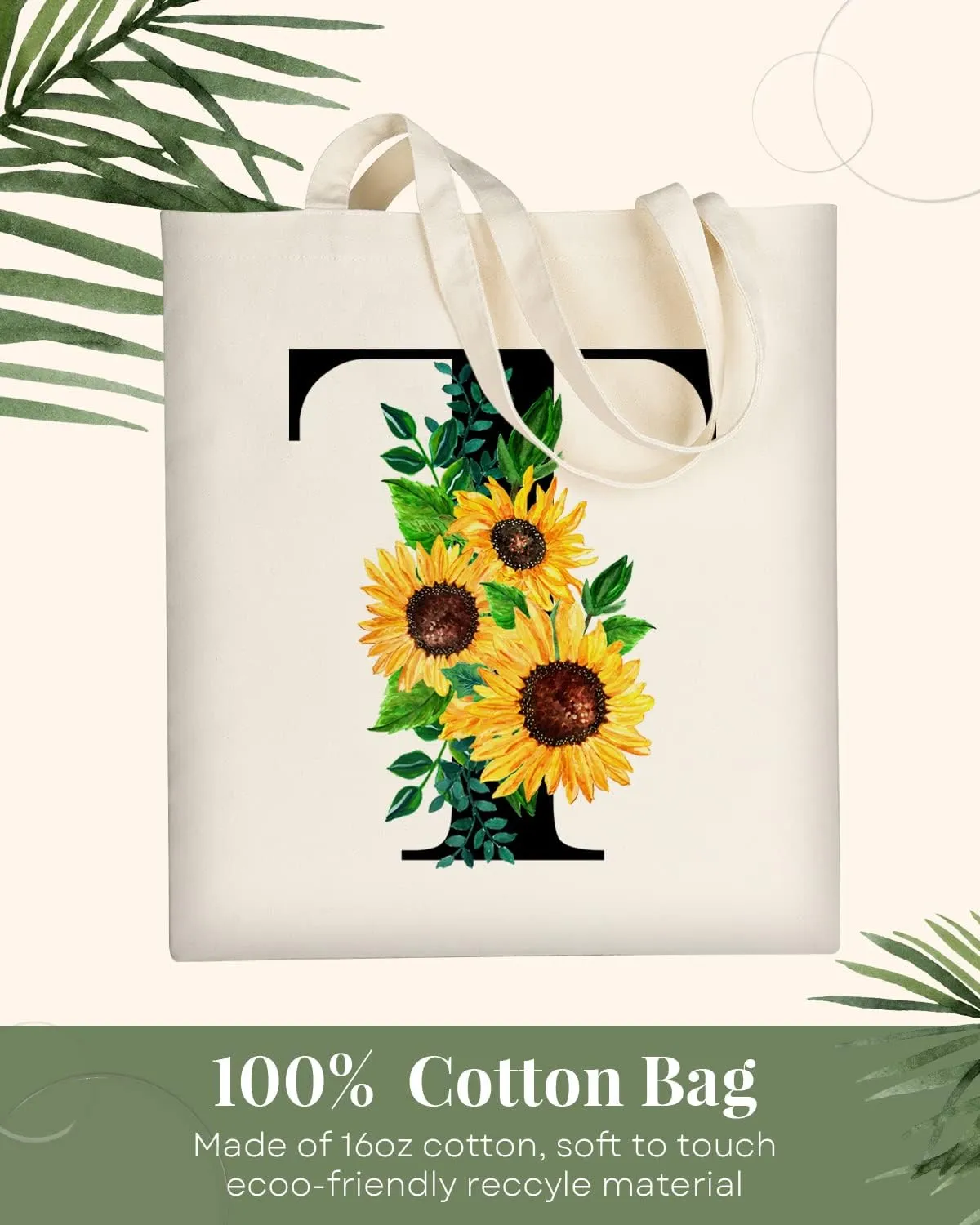 AUSVKAI Cute Sunflower Initial Canvas Tote Bag Aesthetic for Women