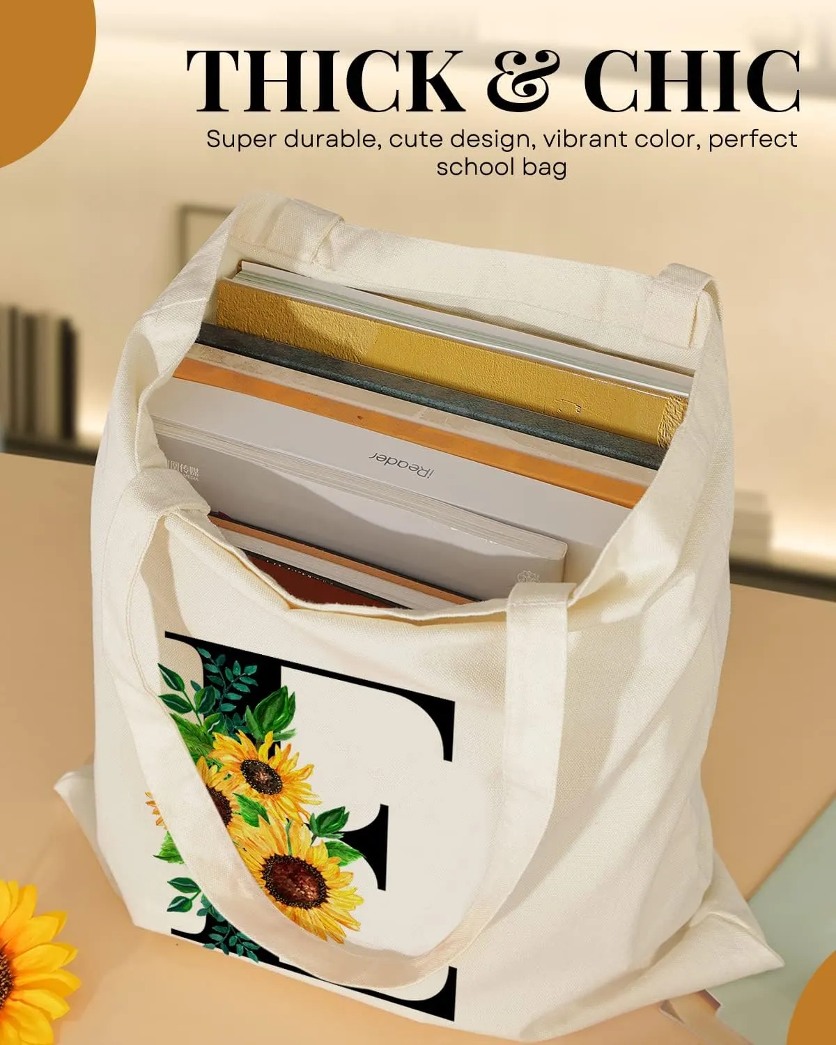 AUSVKAI Cute Sunflower Initial Canvas Tote Bag Aesthetic for Women
