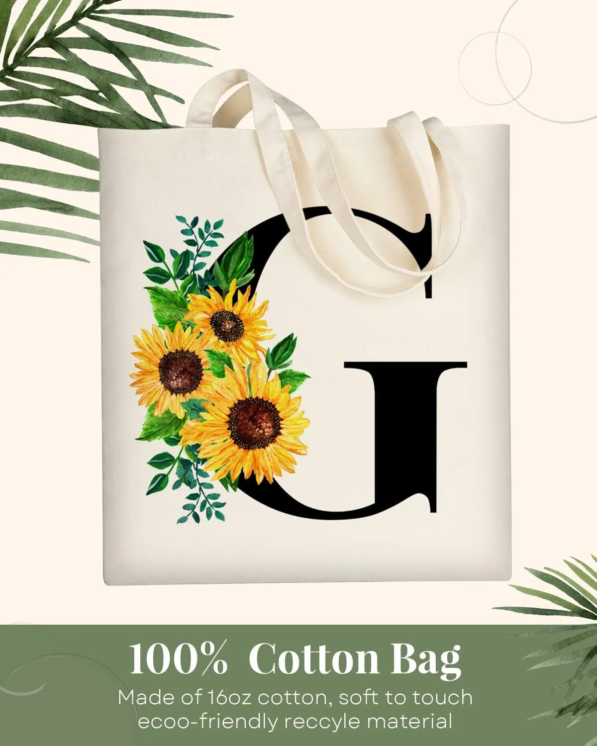AUSVKAI Cute Sunflower Initial Canvas Tote Bag Aesthetic for Women