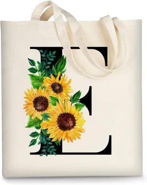 AUSVKAI Cute Sunflower Initial Canvas Tote Bag Aesthetic for Women
