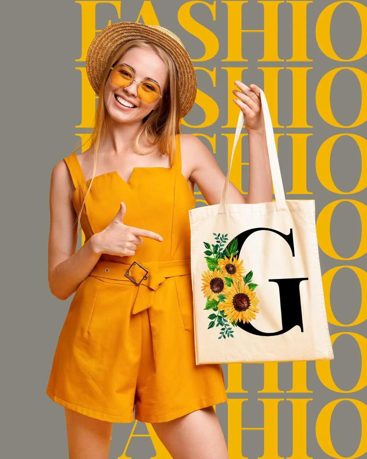 AUSVKAI Cute Sunflower Initial Canvas Tote Bag Aesthetic for Women