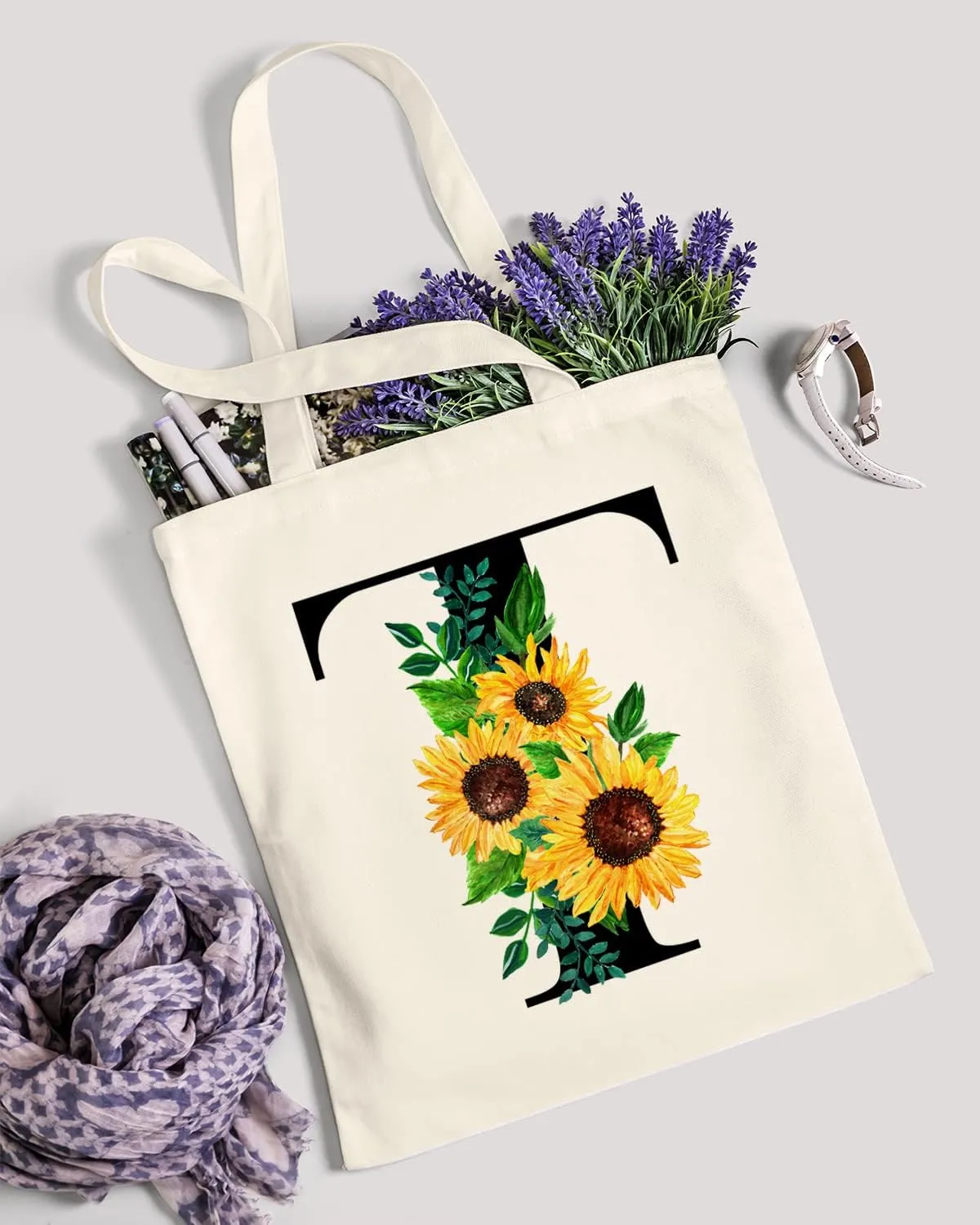 AUSVKAI Cute Sunflower Initial Canvas Tote Bag Aesthetic for Women