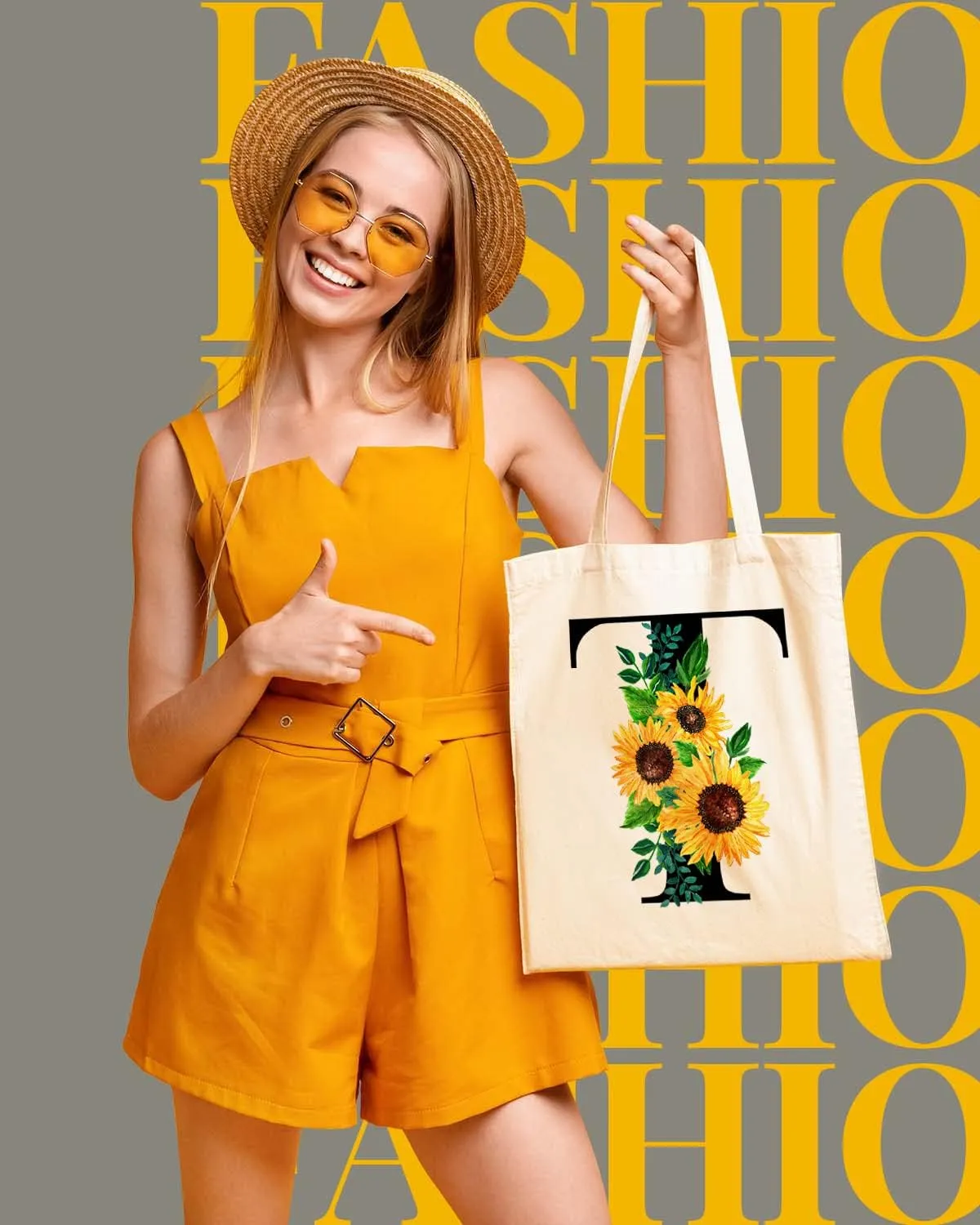 AUSVKAI Cute Sunflower Initial Canvas Tote Bag Aesthetic for Women