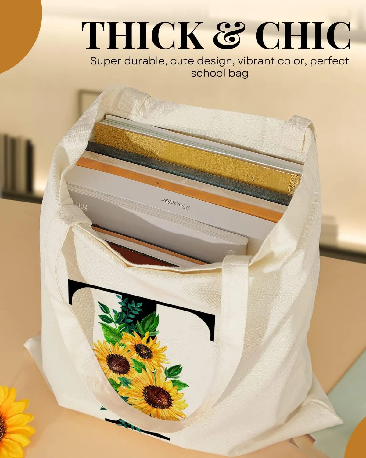 AUSVKAI Cute Sunflower Initial Canvas Tote Bag Aesthetic for Women